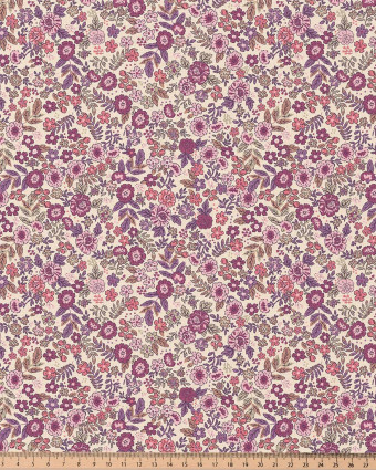 Tissu Coton imprimé Jardin de fleurs violettes et roses- Mercerine