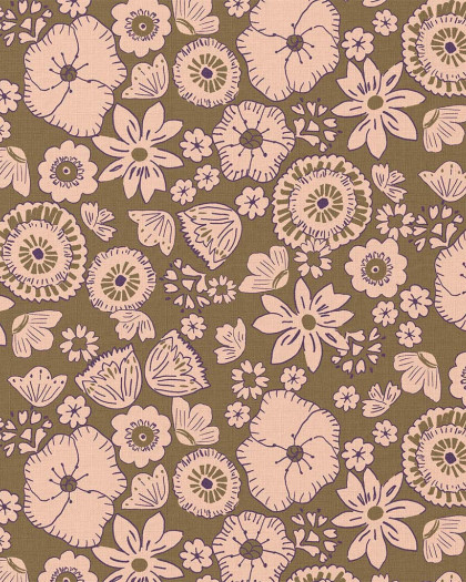 Tissu Coton imprimé Fleurs rétro sur kaki - Mercerine