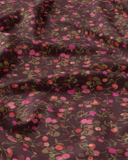 Tissu Viscose imprimé prune feuillage & baies- Mercerine