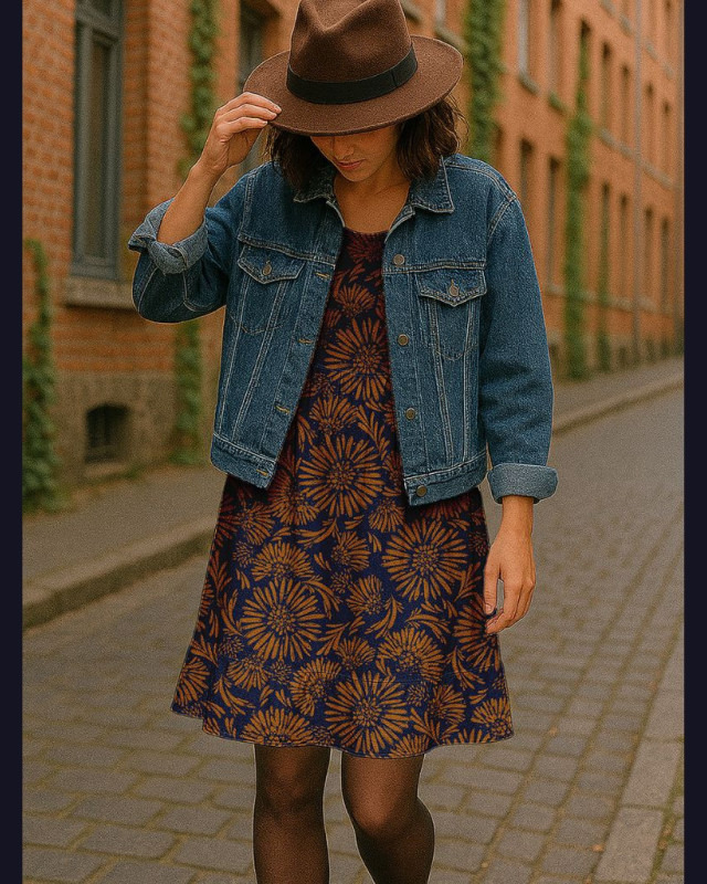 Tissu Viscose imprimé Fleurs ocre sur bleu nuit  - Mercerine