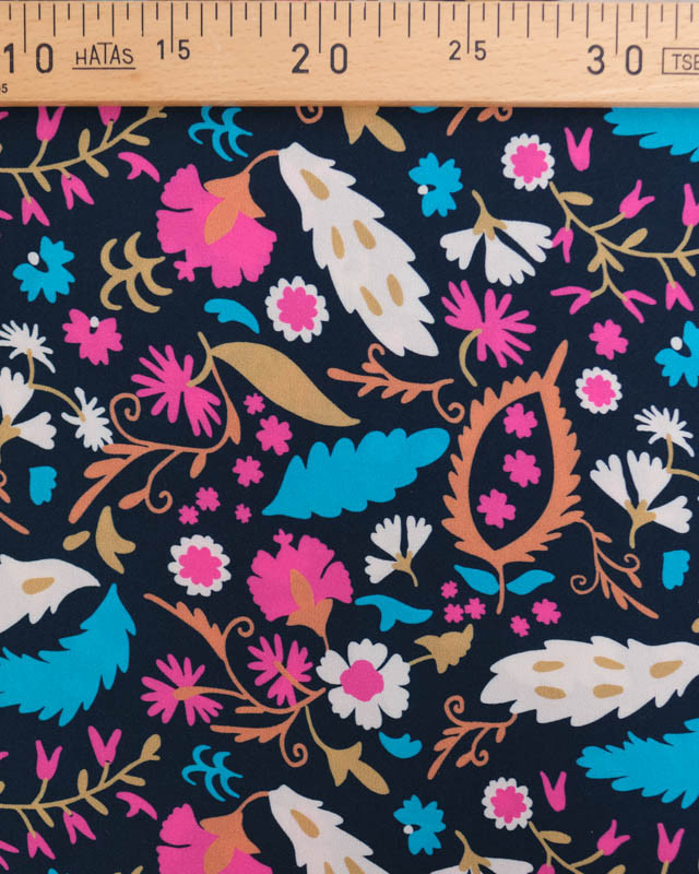 Tissu Viscose imprimé Fleurs bohèmes sur fond bleu nuit  - Mercerine
