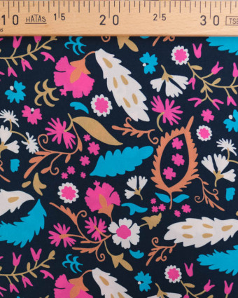 Tissu Viscose imprimé Fleurs bohèmes sur fond bleu nuit  - Mercerine
