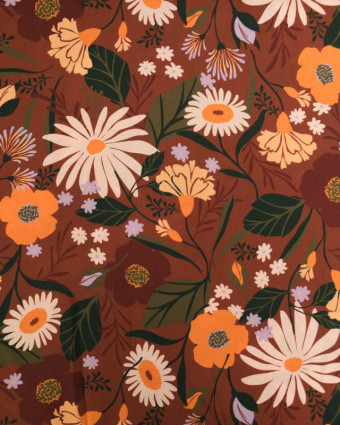 Tissu Viscose motif Marguerites et fleurs champêtres sur fond brun - Mercerine