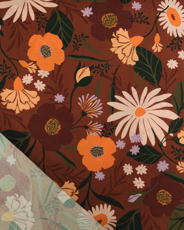 Tissu Viscose motif Marguerites et fleurs champêtres sur fond brun - Mercerine