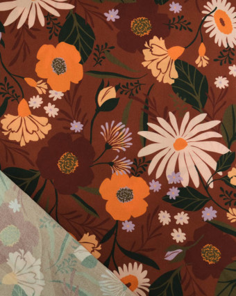 Tissu Viscose motif Marguerites et fleurs champêtres sur fond brun - Mercerine