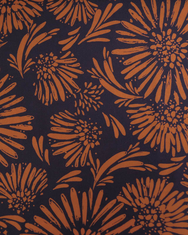 Tissu Viscose imprimé Fleurs ocre sur bleu nuit  - Mercerine