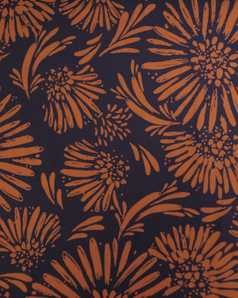 Tissu Viscose imprimé Fleurs ocre sur bleu nuit  - Mercerine