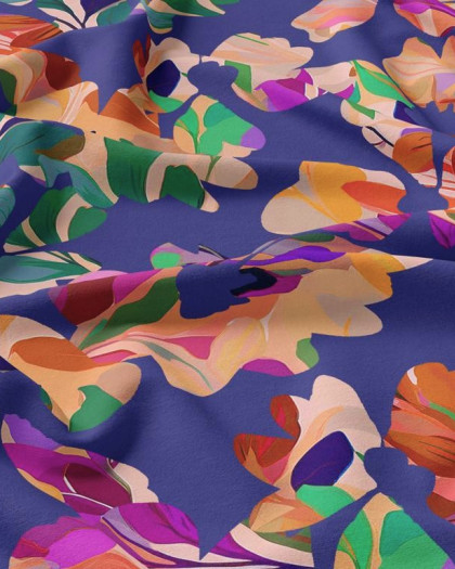 Tissu Viscose imprimé Feuillage multicolore sur fond bleu - Mercerine