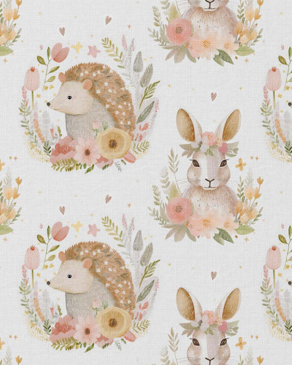 Tissu Coton Imprimé Lapins Et Hérissons Fleuris - Mercerine