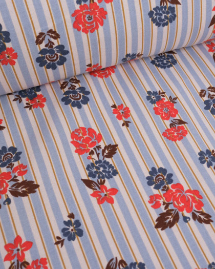 Tissu Demi Natte imprimé fleurs vintage & rayures - Mercerine