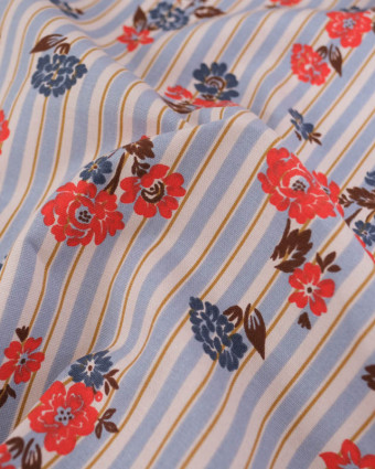 Tissu Demi Natte imprimé fleurs vintage & rayures - Mercerine