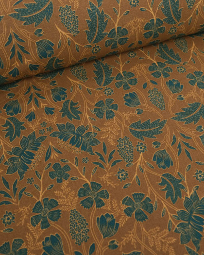 Tissu Demi Natte imprimé floral brun & vert  - Mercerine