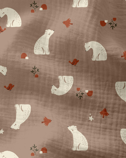 Tissu Double Gaze De Coton – Ours Blancs Sur Fond Taupe - Mercerine