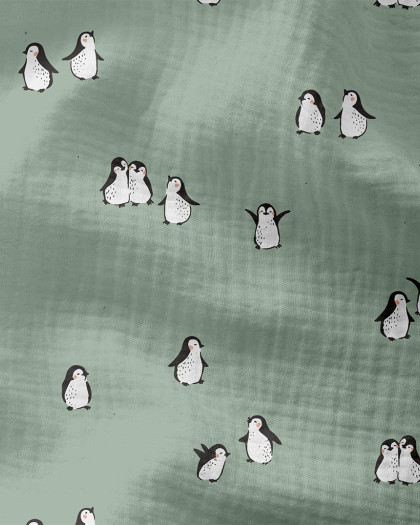 Tissu Double Gaze De Coton – Petits Manchots Sur Fond Vert  - Mercerine