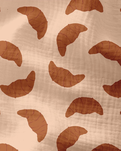 Tissu Double Gaze De Coton – Croissants Sur Fond Beige Rosé  - Mercerine