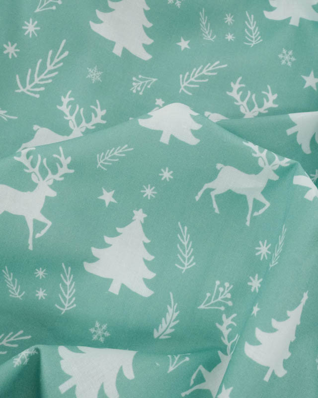 Tissu Noël Coton Renne Féerique Bleu Vert - Mercerine
