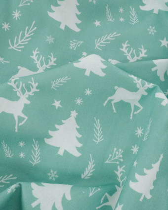 Tissu Noël Coton Renne Féerique Bleu Vert - Mercerine