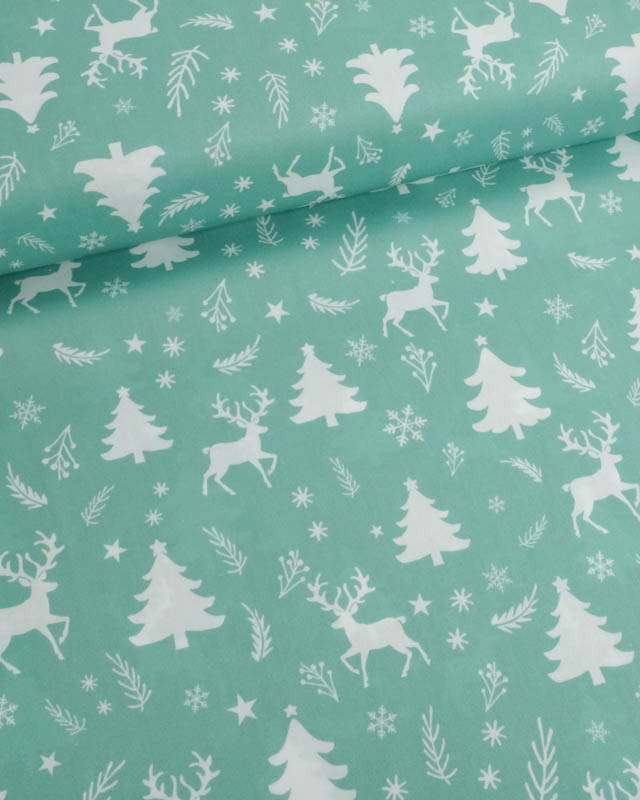 Tissu Noël Coton Renne Féerique Bleu Vert - Mercerine