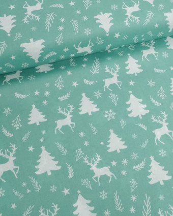 Tissu Noël Coton Renne Féerique Bleu Vert - Mercerine