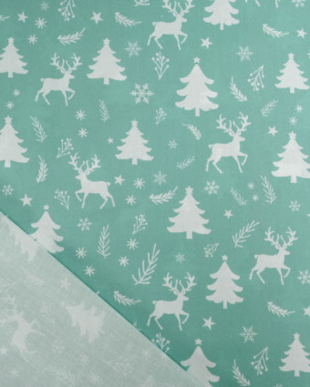 Tissu Noël Coton Renne Féerique Bleu Vert - Mercerine