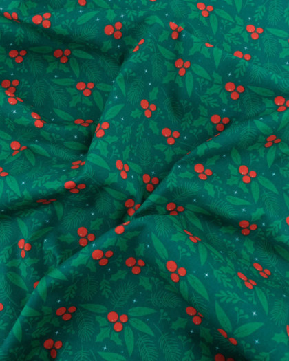 Tissu Coton de Noël Houx Fond Vert - Mercerine