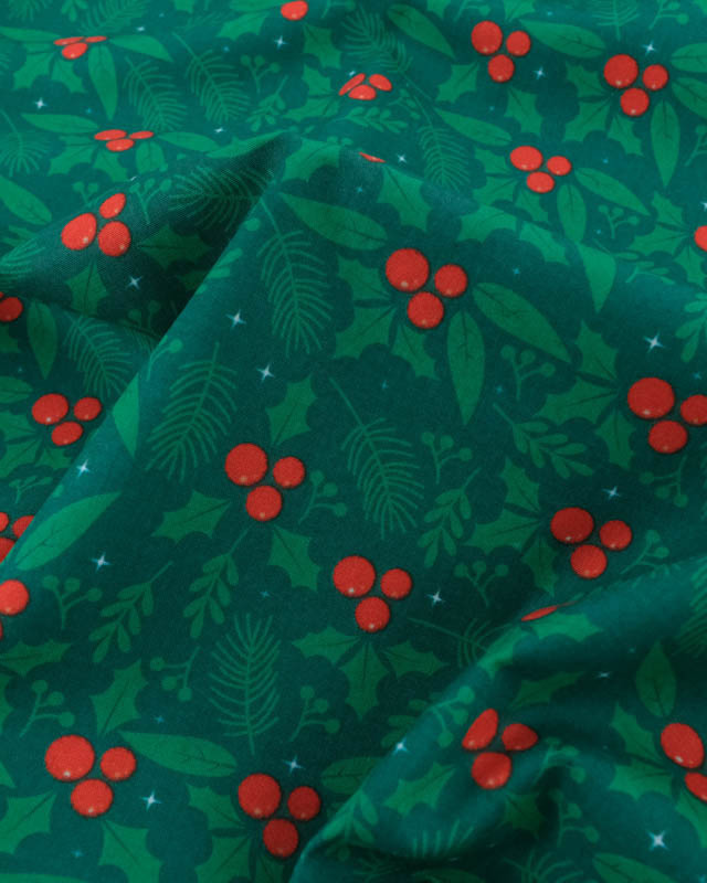 Tissu Coton de Noël Houx Fond Vert - Mercerine