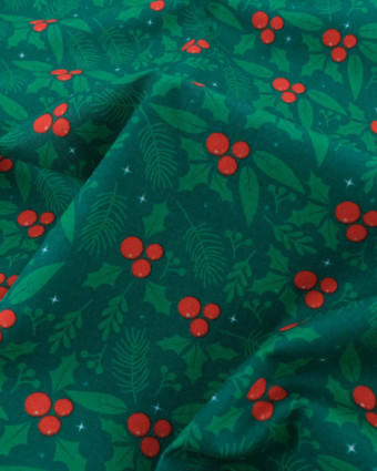 Tissu Coton de Noël Houx Fond Vert - Mercerine