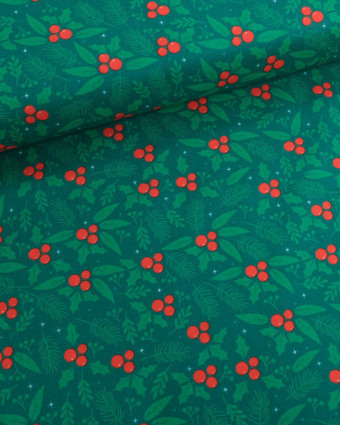 Tissu Coton de Noël Houx Fond Vert - Mercerine