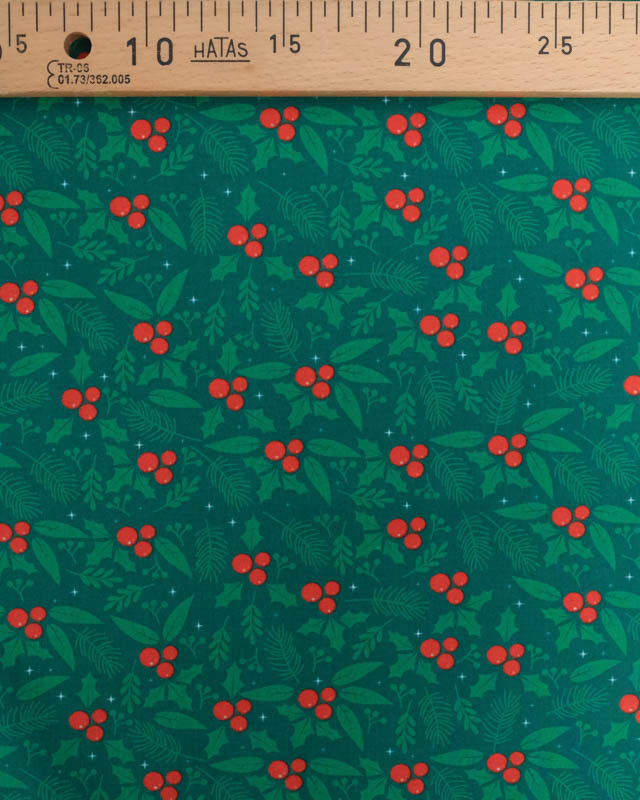 Tissu Coton de Noël Houx Fond Vert - Mercerine