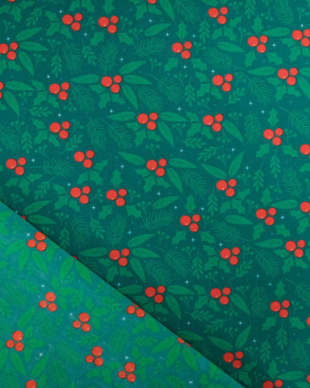Tissu Coton de Noël Houx Fond Vert - Mercerine