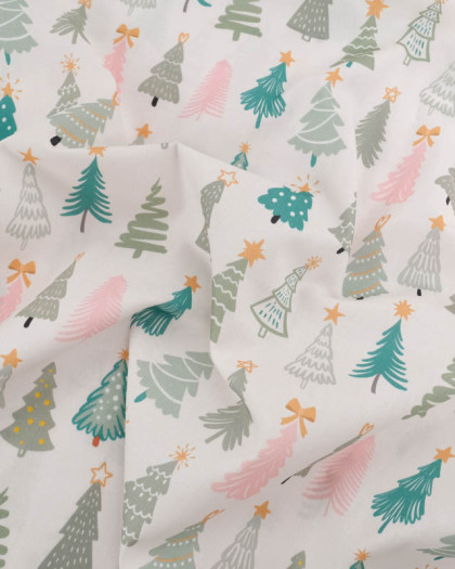 Tissu Noël Coton Sapins de Noël Rose et Vert - Mercerine