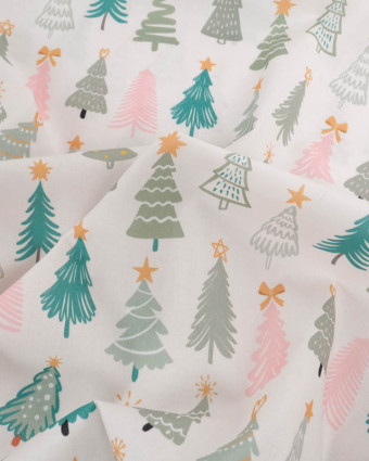 Tissu Noël Coton Sapins de Noël Rose et Vert - Mercerine