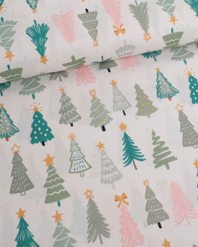 Tissu Noël Coton Sapins de Noël Rose et Vert - Mercerine