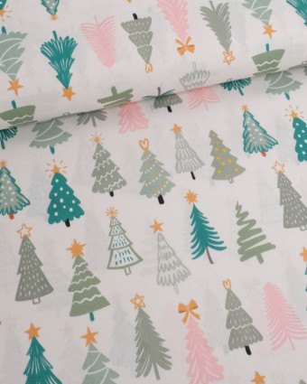 Tissu Noël Coton Sapins de Noël Rose et Vert - Mercerine
