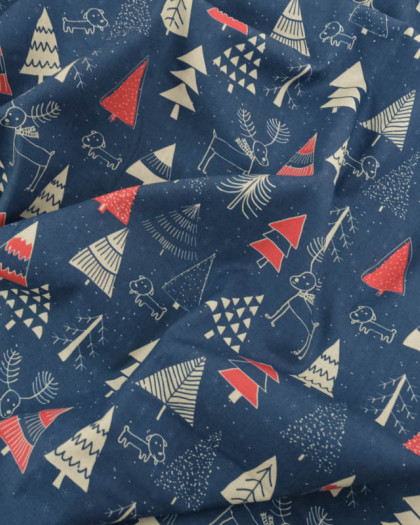 Tissu Coton de Noël Sapins Marine et Rouge - Mercerine