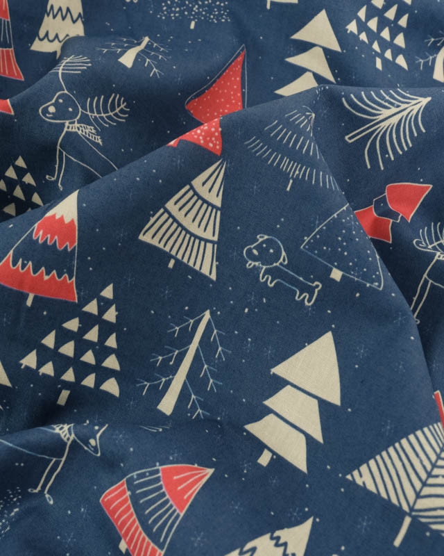 Tissu Coton de Noël Sapins Marine et Rouge - Mercerine