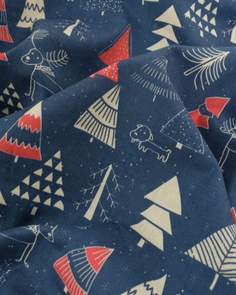 Tissu Coton de Noël Sapins Marine et Rouge - Mercerine