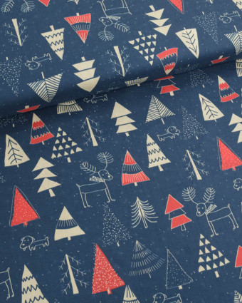 Tissu Coton de Noël Sapins Marine et Rouge - Mercerine