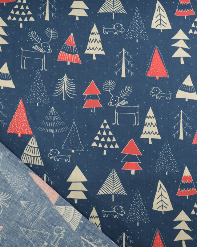 Tissu Coton de Noël Sapins Marine et Rouge - Mercerine