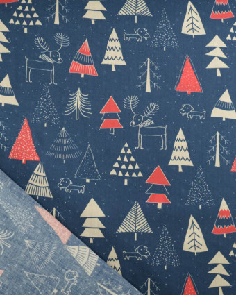 Tissu Coton de Noël Sapins Marine et Rouge - Mercerine