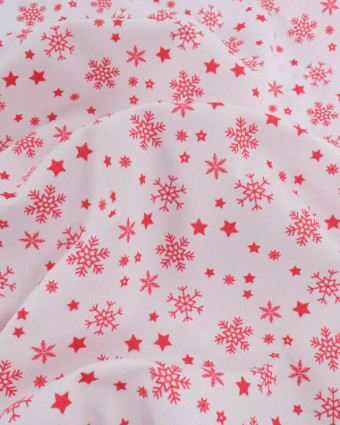 Tissu Coton de Noël Flocon Rouge Fond Blanc - Mercerine