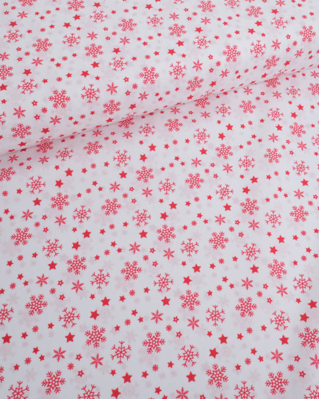 Tissu Coton de Noël Flocon Rouge Fond Blanc - Mercerine