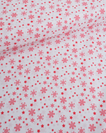 Tissu Coton de Noël Flocon Rouge Fond Blanc - Mercerine