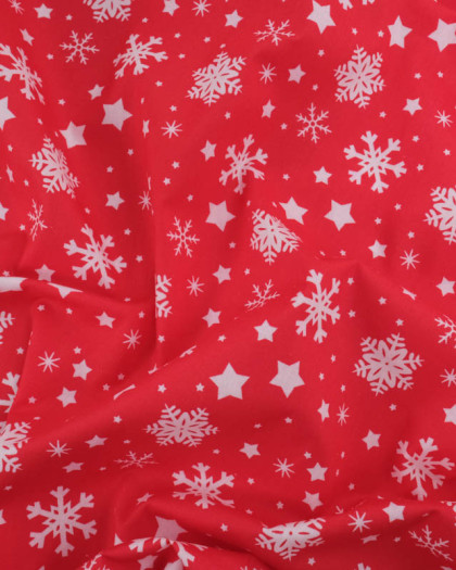 Tissu Noël Coton Flocon Blanc Fond Rouge - Mercerine