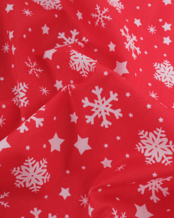 Tissu Noël Coton Flocon Blanc Fond Rouge - Mercerine