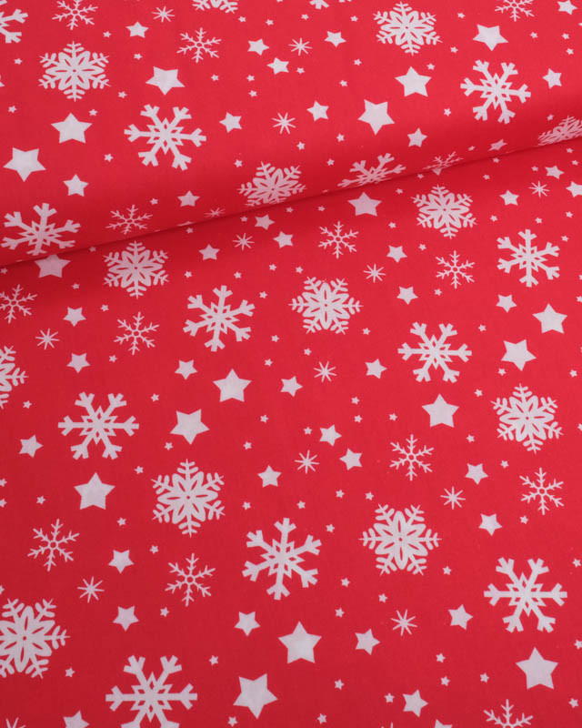 Tissu Noël Coton Flocon Blanc Fond Rouge - Mercerine