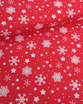 Tissu Noël Coton Flocon Blanc Fond Rouge - Mercerine