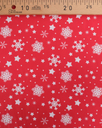 Tissu Noël Coton Flocon Blanc Fond Rouge - Mercerine