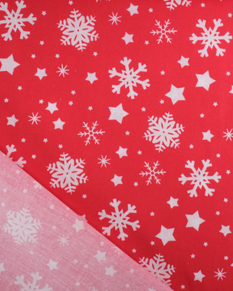 Tissu Noël Coton Flocon Blanc Fond Rouge - Mercerine