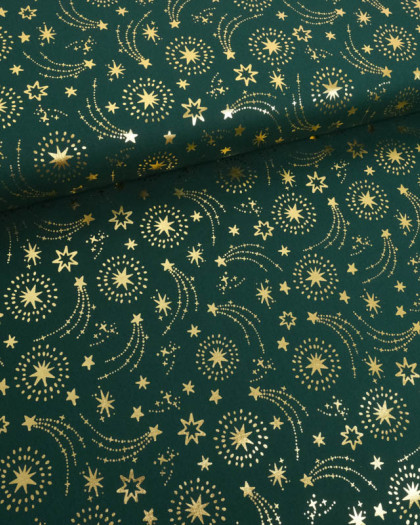Tissu Noël Vert Etoiles Filantes Dorées - Mercerine
